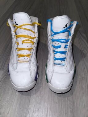 Jordan Kids White Sneakers with Yellow & Blue Laces